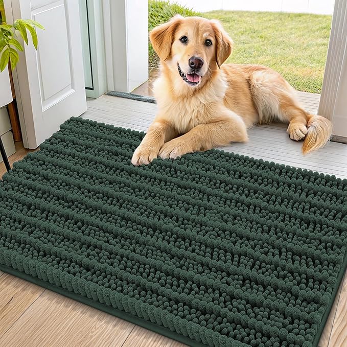 Smiry Dog Door Mat for Muddy Paws 36x24, Extra Soft Absorbent Chenille Doormat, Trap Moisture and Dirt, Non-Slip Machine Washable Front Door Mat for Indoor Entrance Inside Floor, Green
