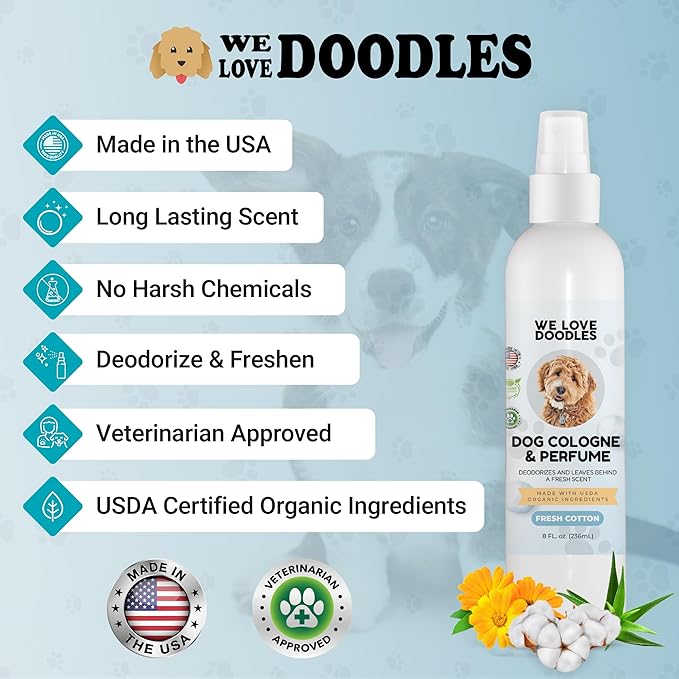 We Love Doodles Dog Cologne & Perfume (Fresh Cotton) and Small Slicker Brush Bundle - Odor Eliminator Spray and Long Pin Brush Kit - Long Lasting Deodorizer - Long Haired Brush For Dogs - Made In USA