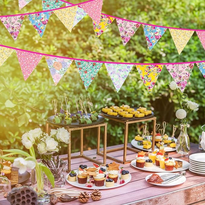 G2PLUS 39Ft Triangle Bunting Banner, Floral Cotton Pennant Banner, 42pcs Reusable Vintage Fabric Triangle Flags for Wedding, Birthday, Tea Party, Shabby Chic Garden Decorations