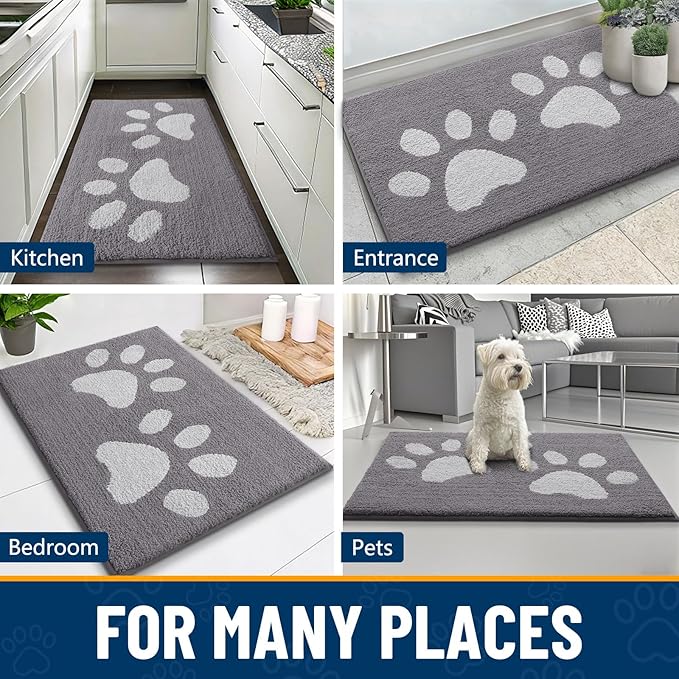 Smiry Dog Door Mat for Muddy Paws, Absorbs Moisture and Dirt, Low-Profile Entryway Mat with Non-Slip Backing, Entry Indoor Outdoor Doormat for Inside Floor (47x24 Inches, Light Grey, Paw)