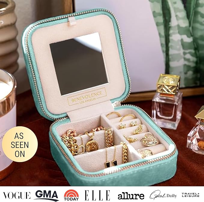 Benevolence LA Plush Velvet Jewelry Box | Travel Jewelry Case Organizer with Mirror | Featured in Oprah's Favorite Things | Best Gifts For Daughter, Girlfriend, Mom | Gifts For Her - Cyan