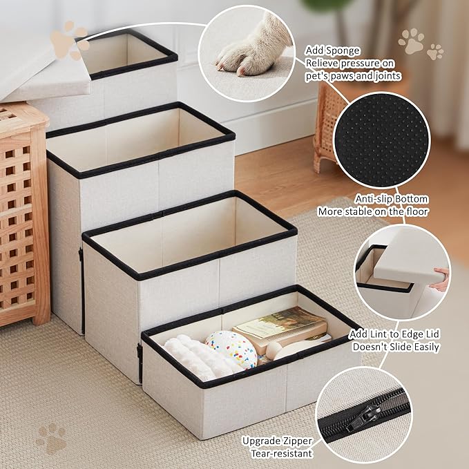 Love's cabin Dog Stairs for Small Medium or Large Dogs with Storage and Adjustable Steps, Foldable Pet Steps for Bed or Couch, 4-Step Beige Folding Cat Ramp with Zip up to 200 lbs,Beige