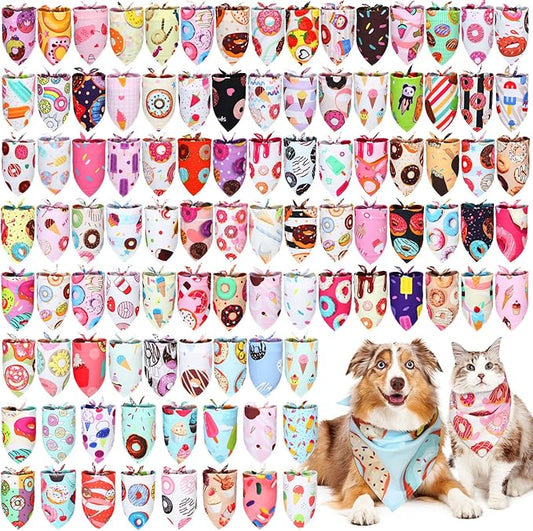 100 Pcs Donut Dog Bandanas Bulk Pet Bibs Colorful Triangle Scarf Donut Pet Bandanas for Medium Large Dogs Spring Summer Candy Theme Birthday Costume Decor