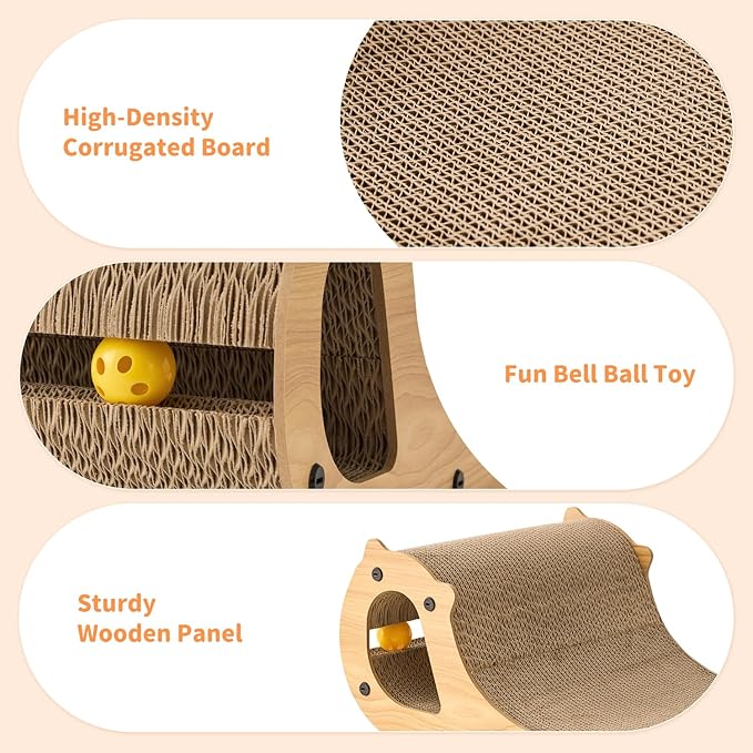 2 in 1 Cat Scratcher Bed for Indoor Cats, Large Cardboard Scratching Pad with Bell Ball Toy for Kitty As Scratch Lounge Couch with Double-Sided Usability