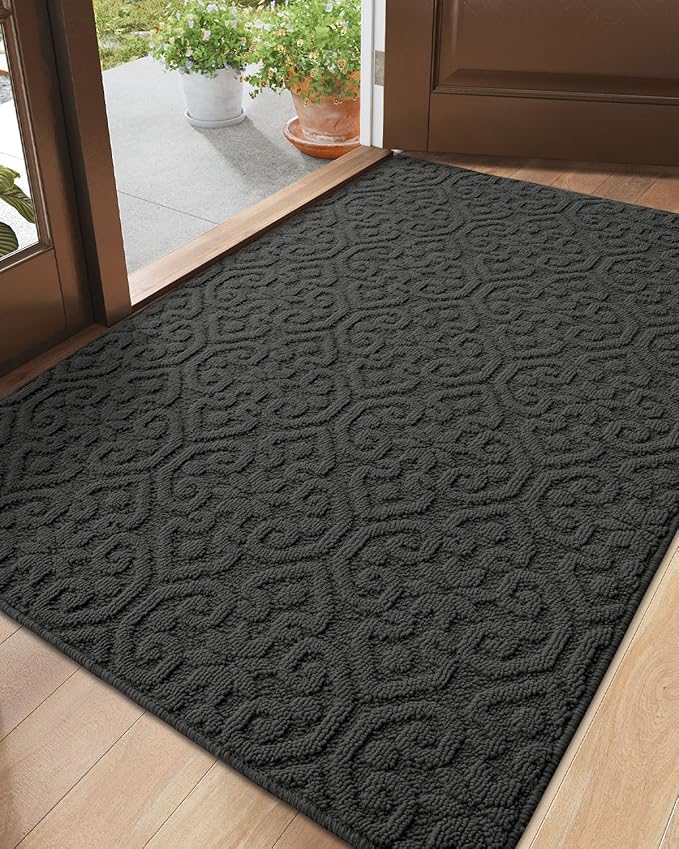 DEXI Front Door Entryway Mat Non Slip, 3x5 ft Large Washable Inside Entrance for House Floor Low Profile, Thin Entry Doormat Absorbent Dirt Trapper, Dark Grey