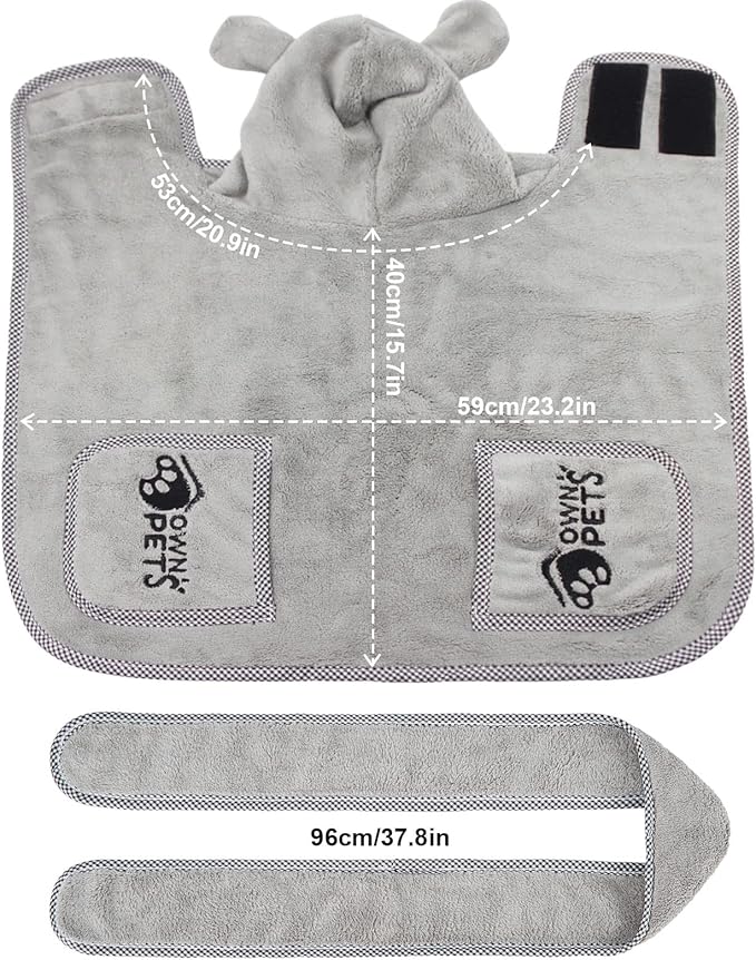 Ownpets Dog Bathrobe Towel, Super Absorbent Soft Dog Drying Robe with Cap & Pocket for Bathing & Beach Trips, Microfibre Fast Drying Dog Towel Robe for Dogs and Cats(Small)
