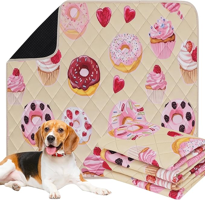 IEUUMLER Washable Pee Pads for Dogs, 2 Pack Cake Pattern Reusable Waterproof Puppy Potty Pads, Non-Slip Absorbent Pet Training Pads for Playpen Crate Bed EU015 Beige Cake, 36x31
