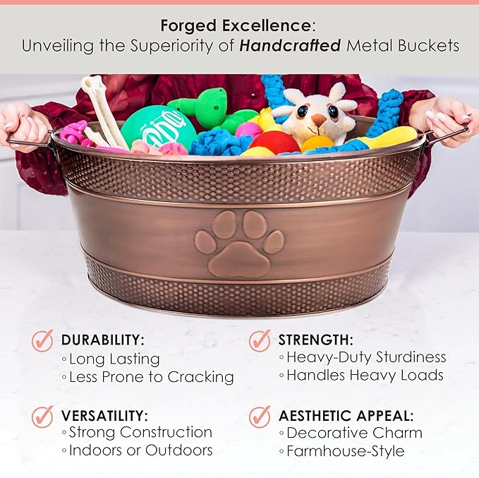 BREKX Indestructible Metal Dog Toy Bin - Copper Galvanized Storage Bin with Handles, Puppy Basket for Dog Storage, Blankets, & Leashes, Paw Pet Toy Box (25-Quart)