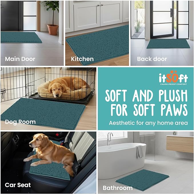 ITSOFT Dog Rugs for Muddy Paws 34x21 | Cleaner, Mud Free Floors | Dog Door Mat for Muddy Paws Muddy Rug for Dogs Absorbent Chenille Machine Washable w Non Slip Backing Outdoor Pets & Paw Matt, Teal