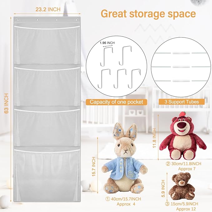 Hanging Stuffed Animal Storage, Over Door Large Plush Toy Organizer with Metal Hook, Baby Accessory Holder Idea for Nursery, Doll & Bear Mesh Hammock Bag for Girl Boy Kid Room
