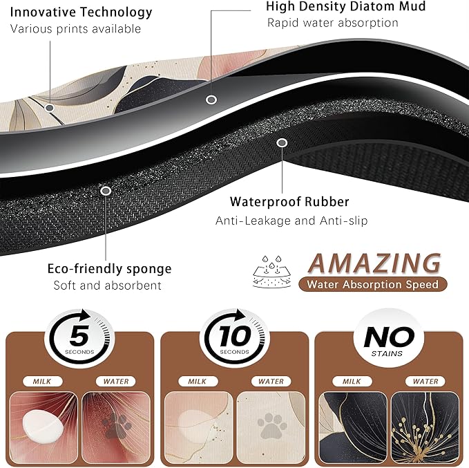 Pink Floral Pet Feeding Mat,Boho Flower Absorbent Quick-Dry Cat Dog Food and Water Bowl Mats,Non-Slip Rubber Backing Mat,Cat Dog Accessories Supplies 16"x24"