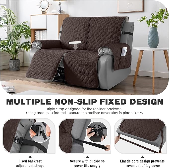 TAOCOCO 100% Waterproof Recliner Couch Covers, Recliner Sofa Covers with Leg Straps, 1-Piece Washable Reclining Sofa Cover with Pocket Couch Protector for Pets Kids(2 Seater, Chocolate)