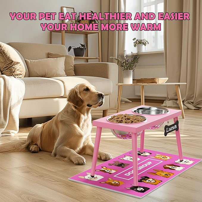 Adjustable Elevated Dog Bowl Stand with Slow Feeder, 2 x 58oz Stainless Steel Bowls, Raised Food and Water Holder for Medium and Large Dogs, Pink