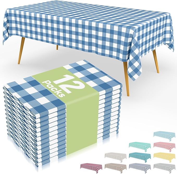 Smiry 12 Packs Gingham Disposable Table Cloth, 54 x 108 Inch Waterproof Plastic Tablecloth, Rectangle Aqua and White Checkered Table Covers for Picnic, Birthday, Party