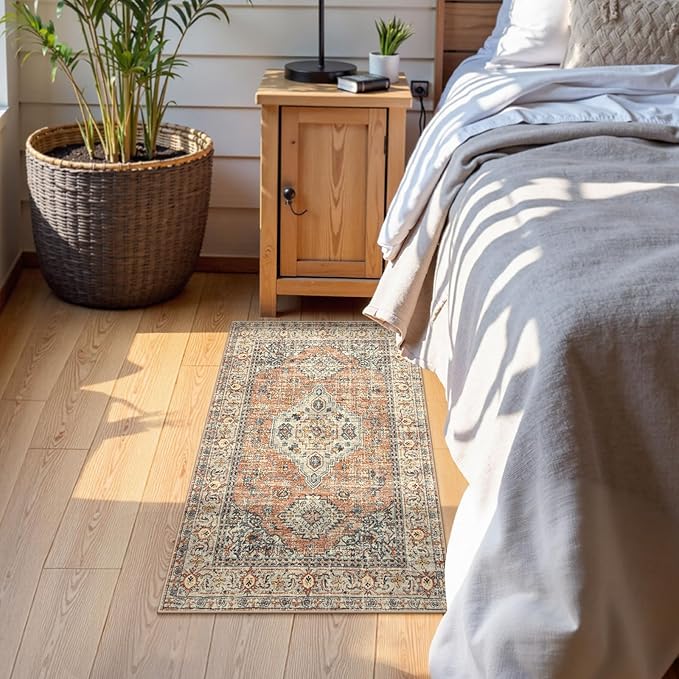 Lahome Oriental 2x3 Washable Rugs for Entryway, Soft Door Mat Indoor Entrance Small Kitchen Rugs Non Slip Ultra-Thin, Vintage Carpet for Bedroom Bathroom Eleanor, Peach/Orange