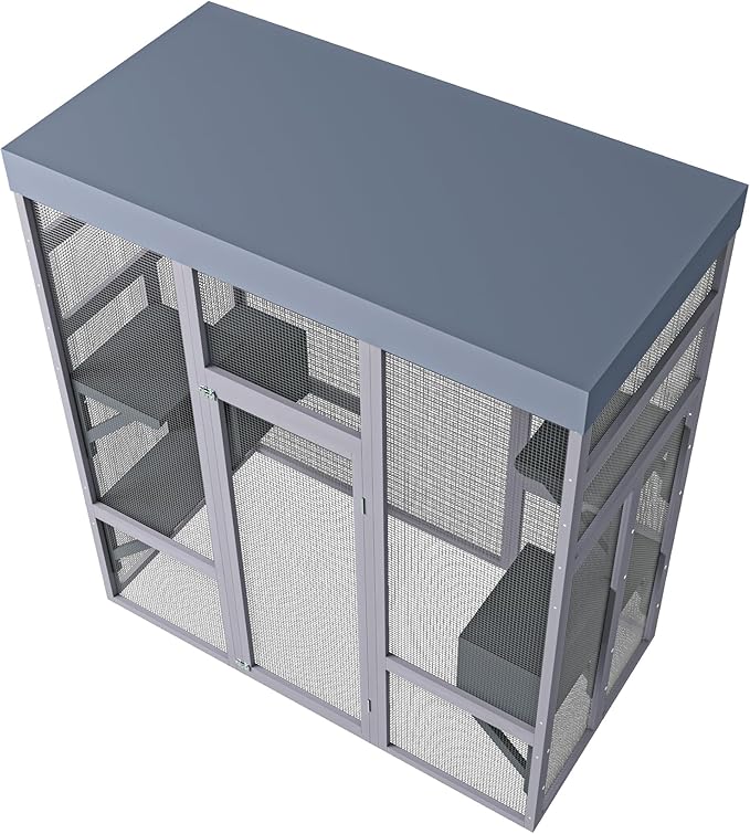 LOVMOR 62.6" Wooden Outdoor Catio for Cats, Large Cat Enclosure with Waterproof Roof, 2 Napping House, Platforms & Rust-Proof Wire – Secure Pet Cage for Backyard or Patio