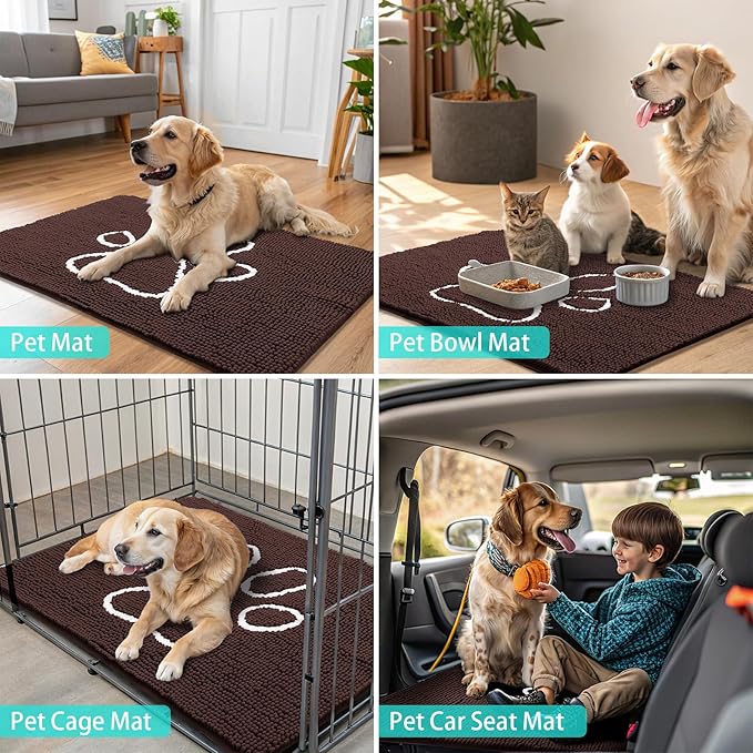 Smiry Dog Door Mat for Muddy Paws, Absorbent Dirt Trapper Non Slip Quick Dry Washable Chenille Mat for Mud Dogs, Entry Rug for Indoor and Outdoor (47x32 Inches, Brown and White)