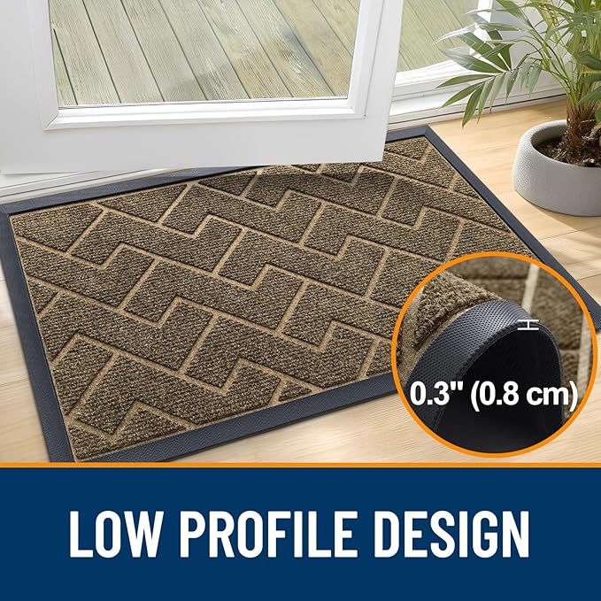 OLANLY Front Door Mat Indoor Outdoor Entrance, Waterproof All-Season, All-Weather Doormat, Sturdy Natural Rubber, Low Profile, Easy Clean Patio Porch Entryway Mat, Herringbone Brick (Brown, 35x23)