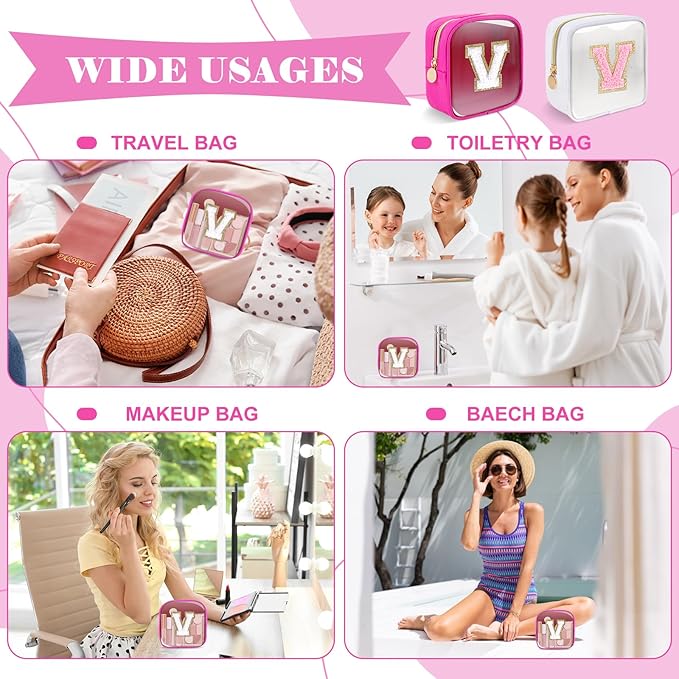 Personalized Initial Letter Clear Preppy Makeup Bag,Mini Nylon Chenille Letter Cosmetic Bag Cute Zipper Pouch Coin Purse for Teen Girls,Portable TSA Approved Travel Essentials Bag Gift for Women,V