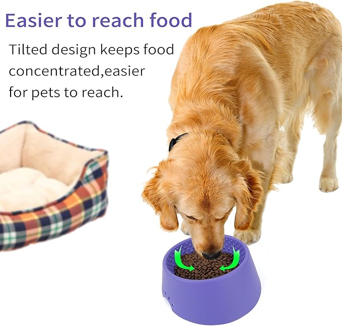 Pet Dog Food Bowl 10° Slanted ，Silicone Material， Easy to Clean Non-Skid & Non-Spill Easier to Reach Food L/2.5 Cups Purple