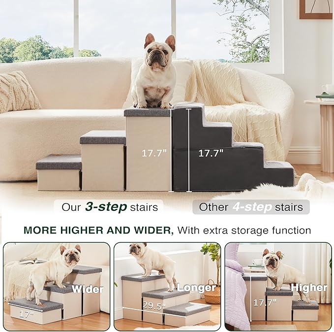 Love's cabin Dog Stairs for High Bed 18"H,Foldable Pet Stairs for Small Medium or Large Dogs Puppy with Storage for Bed or Couch, Cat Dog Steps Ramp with Zip up to 200 lbs(Light Grey,3 Steps no Condo)