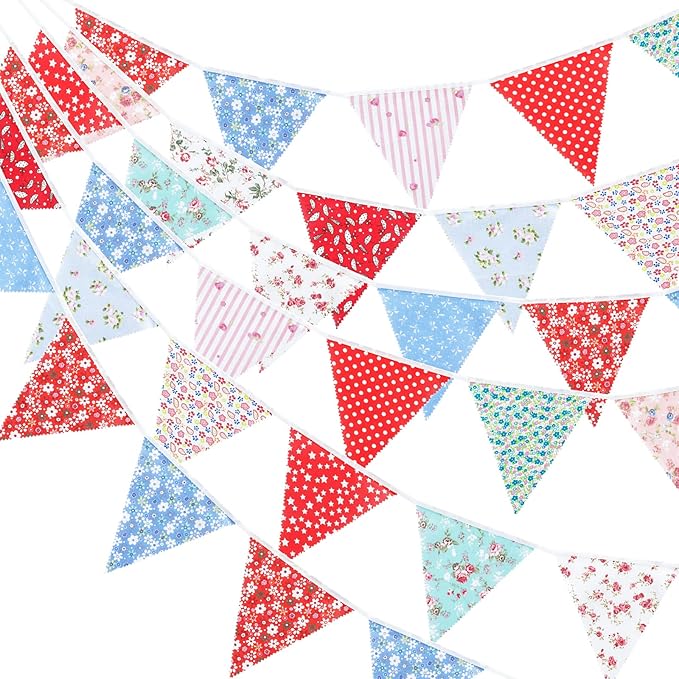 G2PLUS 39Ft Triangle Bunting Banner, 42pcs Cotton Pennant Banner, Reusable Red White Blue Fabric Triangle Flags Party Decoration for Birthday, Wedding, Baby Shower, Room Decor