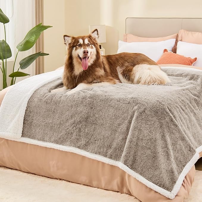 Extra Large Dog Blanket, Waterproof Faux Fur & Sherpa Oversized Pet Throw for Bed & Couch Protection, Soft Cozy Dog Blankets for Large Dogs, 60"x80", Brown