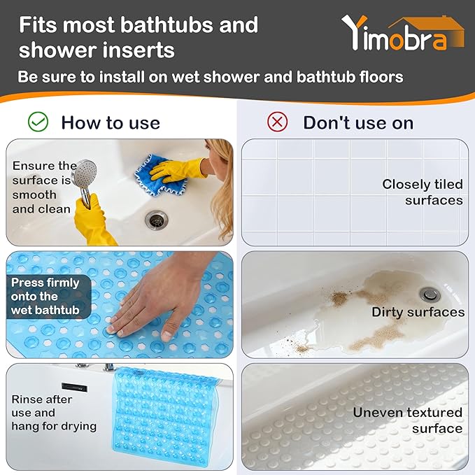 Yimobra Bath Tub Mat Non Slip, 34.5"x15.5" Long Shower Mat, Machine Washable Bathmat with Drain Holes and Suction Cups, Soft on Feet, Bathroom Essentials, Clear Blue