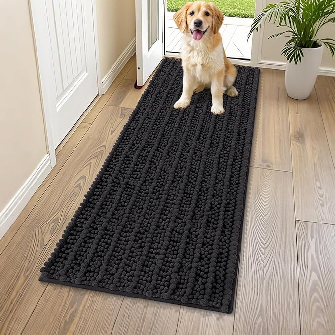 Smiry Dog Door Mat for Muddy Paws 59x24, Extra Soft Absorbent Chenille Doormat, Trap Moisture and Dirt, Non-Slip Machine Washable Front Door Mat for Indoor Entrance Inside Floor, Black