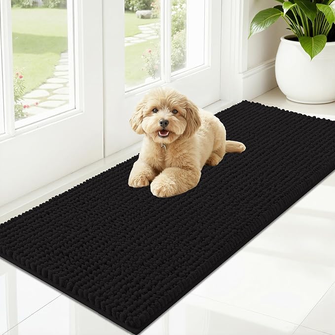 OLANLY Dog Door Mat for Muddy Paws 47x20, Ultra Absorbent Chenille Mud Doormat, Non-Slip Washable and Dirt Trapping Doormat for Indoor Entryway, Quick-Dry Indoor Pet Bed Mats for Dogs, Black
