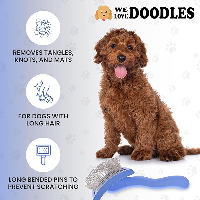We Love Doodles Pet Dematting Comb and Curved Grooming Slicker Brush Bundle - Deshedding Undercoat Rake, Comb for Detangling Thinning and Shedding, Slicker Brush for All Hair Types