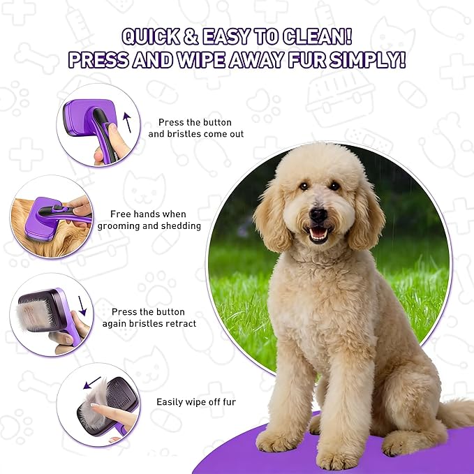 Self Cleaning Slicker Brush for Dog and Cat - Skin Friendly Shedding & Grooming Tool for Long and Short Haired Pets,Easy Clean Retractable Bristles, Purple