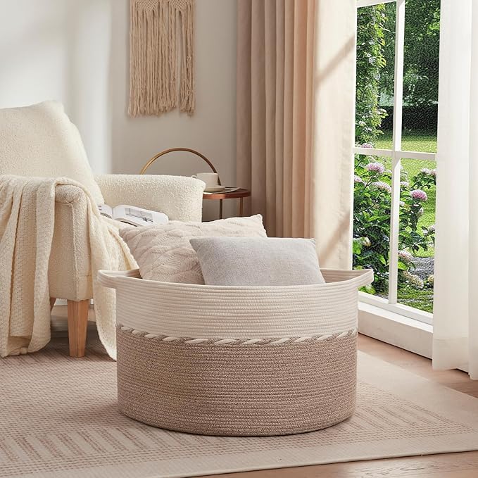 OIAHOMY 87L Extra Large Blanket Basket, 23" x 13", Jumbo Laundry Hamper, Cotton Rope Basket with Handles for Living Room,Baby Toy Storage Bins, Brown