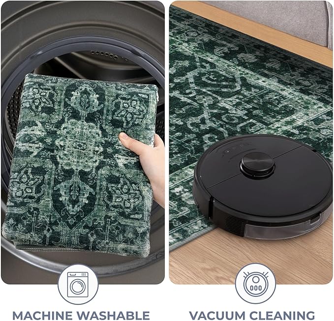 KOZYFLY Area Rug 4x6 Ft Washable Rugs for Entryway Non Slip Faux Wool Printed Throw Rug for Kitchen Bedroom Hallway Living Room Indoor Floor Decoration, Dark Green