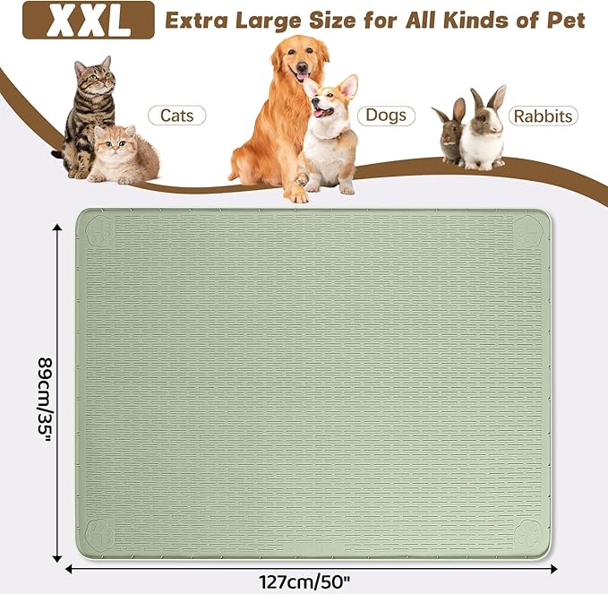 Bartuke Cat Food Mat, 50" x 35" Extra Large Silicone Pet Feeding Mat with Raised Edge Pet Placemat for Food and Water Bowl Non-Slip, Easy to Clean, Floor Protection (Green)
