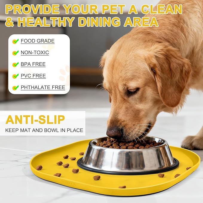 SMILOOL Silicone Pet Feeding Mat with Raised Edge for Food and Water, Dog Bowl Mats, Cat Bowls Placemat with High Lip for Floor Waterproof, Rubber Tray for Cats and Dogs 12 x 12 x 0.7 Vivid Yellow