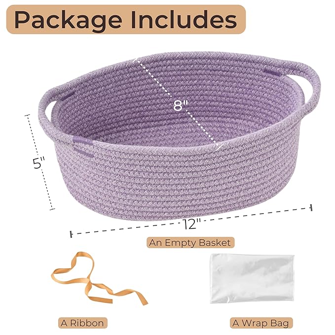 Small Woven Gift Basket Empty with Bag & Ribbon - Gifts for Mom, Baby Shower, Birthdays & Raffle - Cotton Rope Storage Basket for Dog Toys or Shelf - 12"x8"x5", Purple