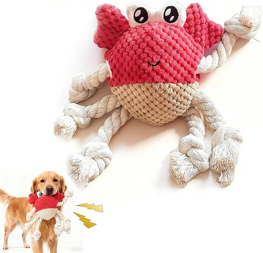 LydaPKS Squeaky Crab Dog Toy with Rope Legs - 5.5''X9.5'' Durable Dog Chew Toy for Small Dogs | Built-in Whistle Sounds | Teeth Cleaning | Interactive Dog Toys （RED）