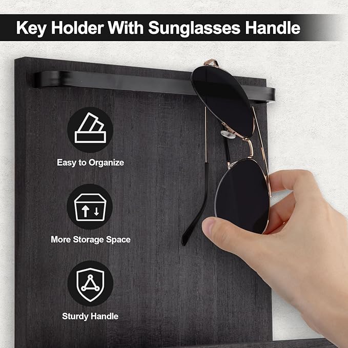 Lucundm Key Holder Wall Mount, Key Holder for Wall with 4 Hooks, Farmhouse Key Hanger Holds Dog Leash, Sunglasses – Decorative Mail Organizer Home Decor (Black)