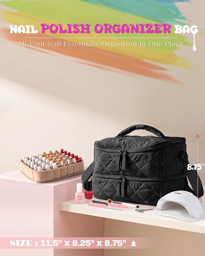 Quilted Nail Polish Organizer Bag Holds 42 Bottles and Nail Lamp, Nail Polish Storage Case with Crossbody Straps and Multiple Pockets, Black
