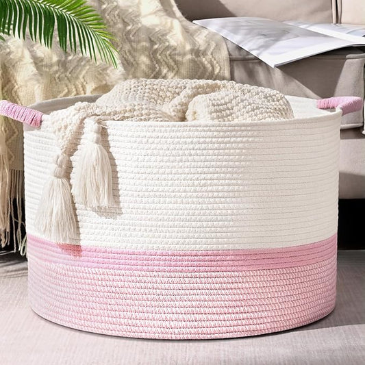 67L Large Blanket Basket, 20"x13" Woven Storage Baskets With Handle, Cotton Rope Blanket Basket Living Room, Baby Laundry hamper for Blanket, Nursery, Toy, Pillow (White & Pink)