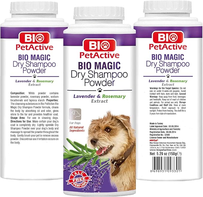 Bio Magic Dry Shampoo Powder with Lavender and Rosemary for Dogs | Cleansing and Moisturizing Perfume and Talc Free Suitable for Sensitive Skin - 5.29 oz