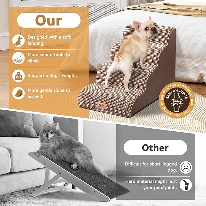 Zerbuger Dog Ramp and Stair for Bed 16" H-20 H,3-Step Cat Stair for Sofa and Chair,4-Step Dog Ramp for High Bed and Window,Durable Nonslip Fabric Cover for Indoor (Coffee-20 H, Pet Friendly, 4)