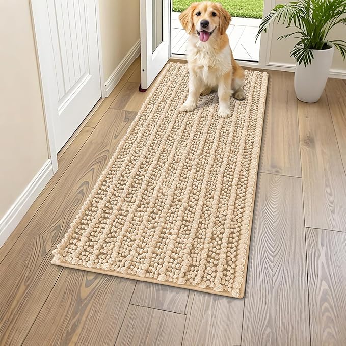 Smiry Dog Door Mat for Muddy Paws 47x17, Extra Soft Absorbent Chenille Doormat, Trap Moisture and Dirt, Non-Slip Machine Washable Front Door Mat for Indoor Entrance Inside Floor, Beige
