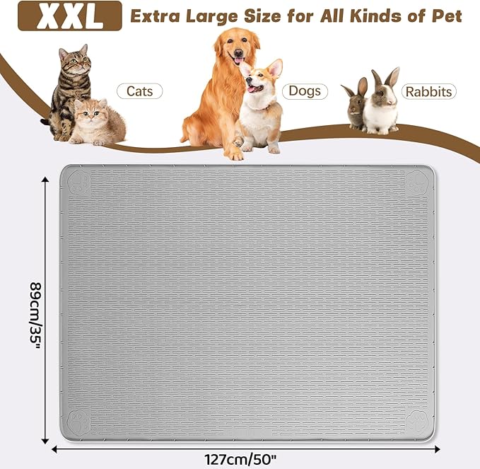 Bartuke Cat Food Mat, 50" x 35" Extra Large Silicone Pet Feeding Mat with Raised Edge Pet Placemat for Food and Water Bowl Non-Slip, Easy to Clean, Floor Protection (Grey)