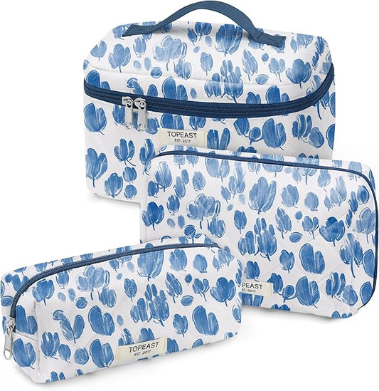 TOPEAST Christmas Gifts for Women Girls - 3Pcs Makeup Bag Large Cotton Travel Make Up Bags, Cute Quilted Floral Cosmetic Organizer Potable Brushes Toiletry Bag Set, Blue Floral