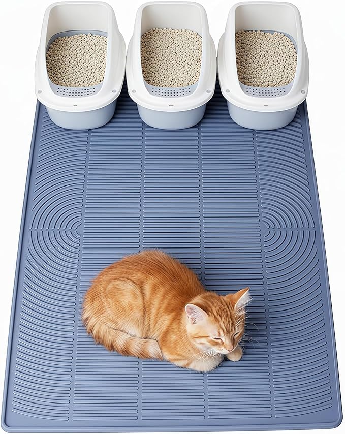 Extra Large Cat Litter Mat 47"X35", Waterproof Silicone Mat for Litter Box Areas, Multi-Functional Floor Mat for Food and Water(Grey)
