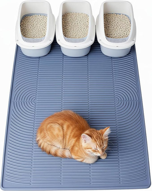 Extra Large Cat Litter Mat 47"X35", Waterproof Silicone Mat for Litter Box Areas, Multi-Functional Floor Mat for Food and Water(Grey)