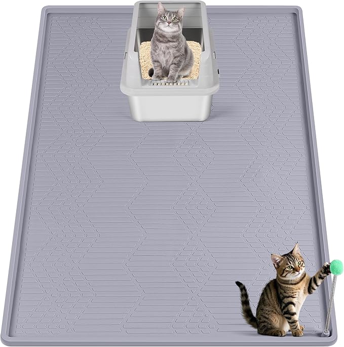 Bartuke Large Cat Litter Mat with Toy Ball, 38'' x 25'' Silicone Cat Litter Trapping Mat for Scatter Control, Soft on Kitty Paws, Easy to Clean (Light Grey)