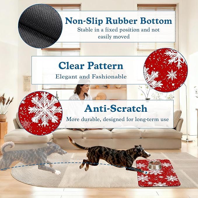 Chirtsmas Snow Flower Pet Food Mat for Cats and Dogs–Absorbent Quick Dry Feeding Placemat, Non Slip Rubber Base, Waterproof Bowl Mat for Indoor Use, Pet Supplies 12"x20"